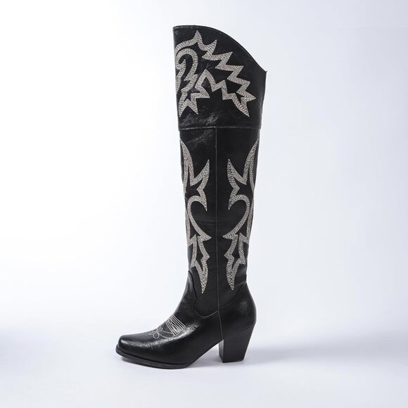 ⚡Women’s Black Knee Western Cowboy Boots Square Toe PU Leather Embroidered - Picture 8 of 8